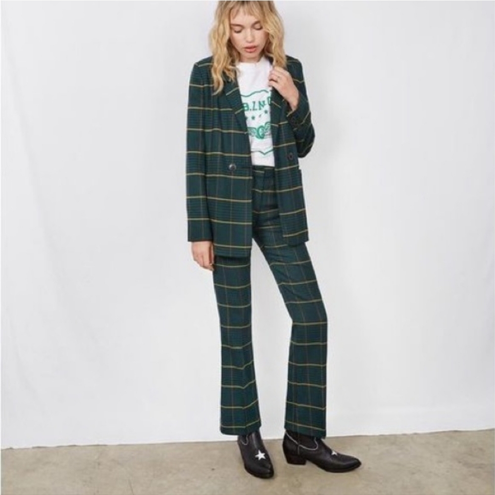 Anine Bing Cindy Pants and Blazer Green Plaid Suit Set Size S